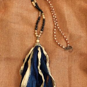 Blue and Cream Silk Tassel Necklace